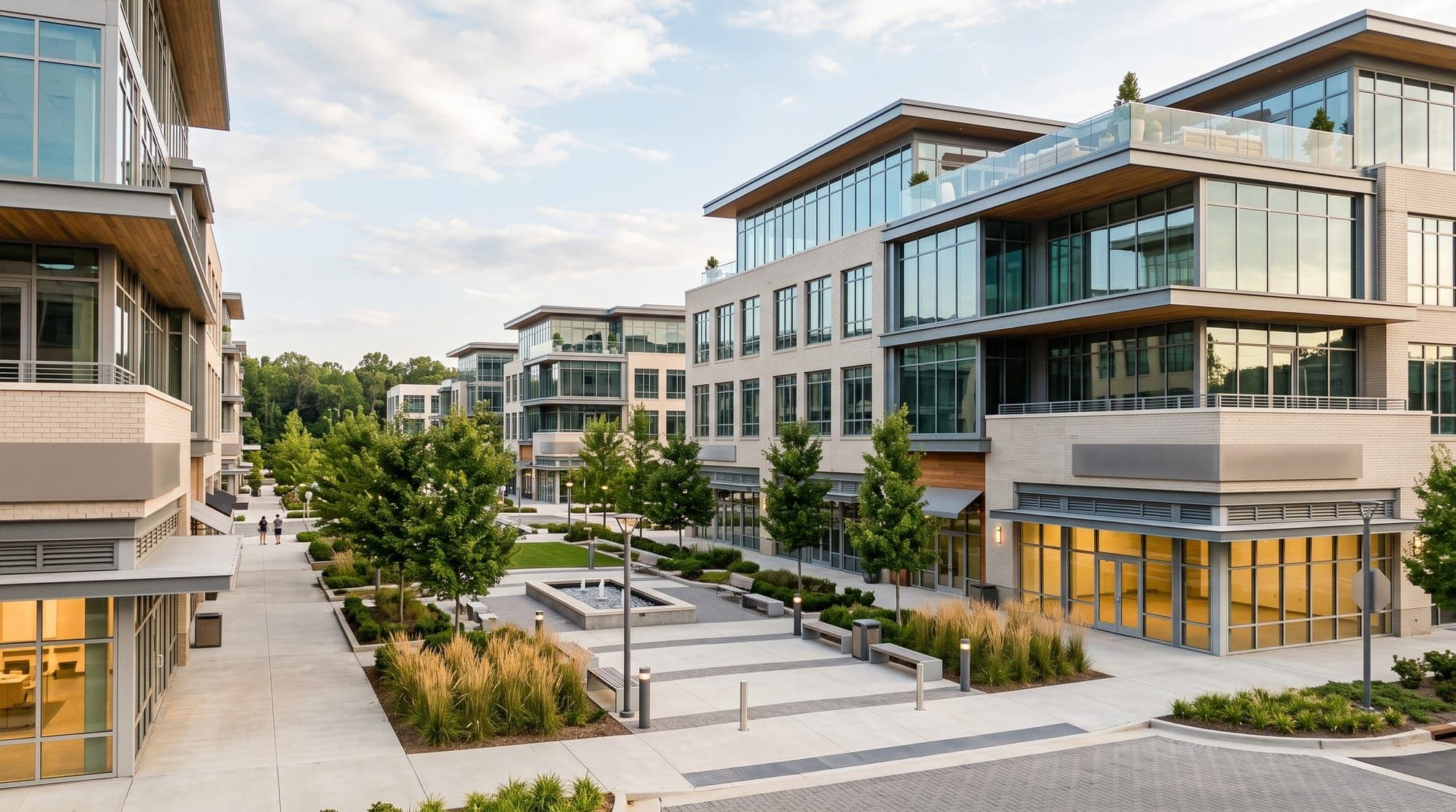 Modern glass mixed-use buildings with a rooftop terrace