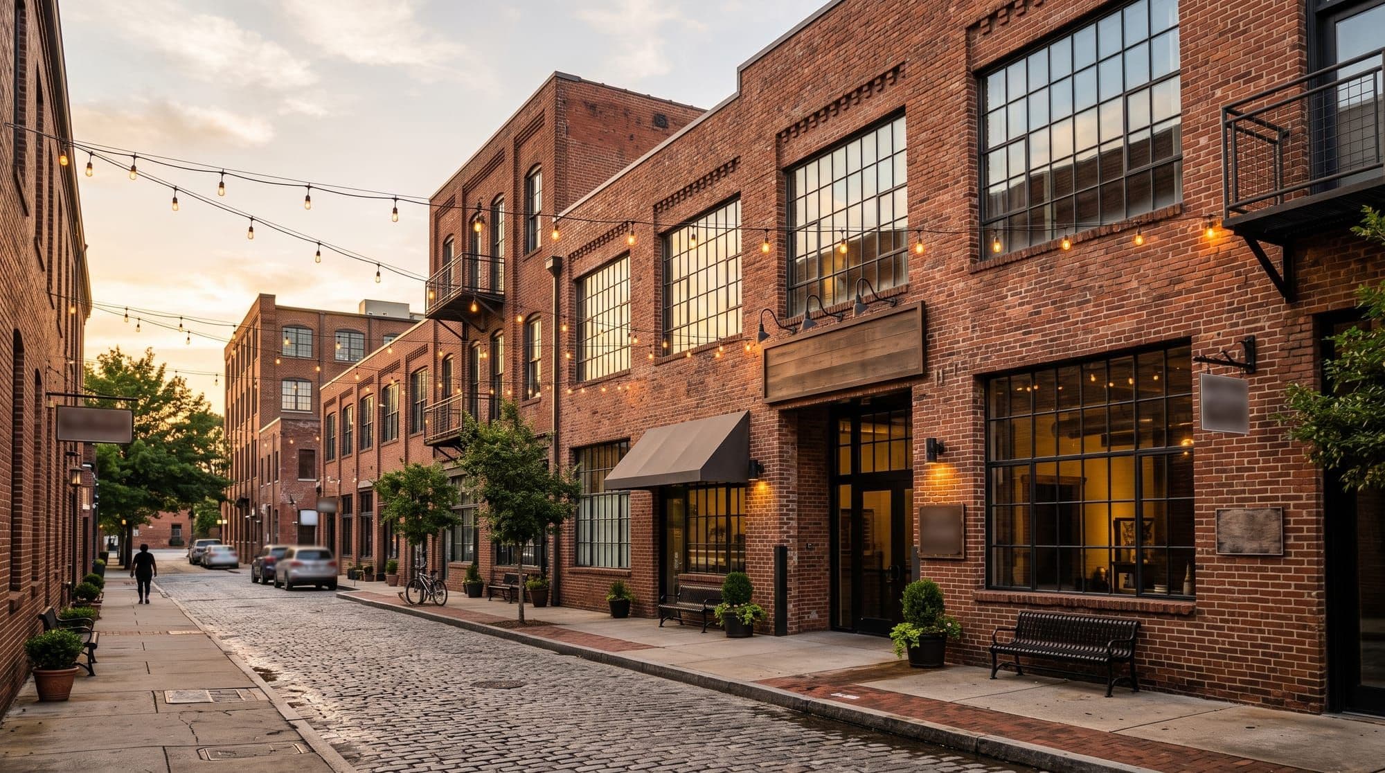 Exposed-brick warehouse-style storefronts strung with string lights