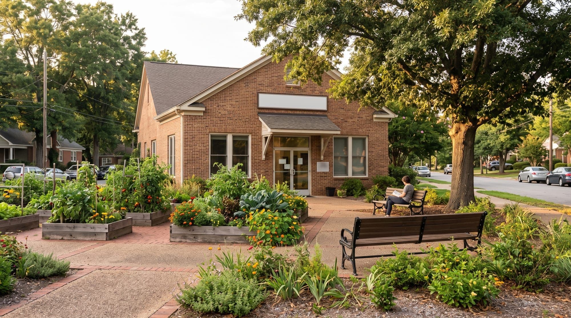 Community center building with garden beds and a shaded walking path