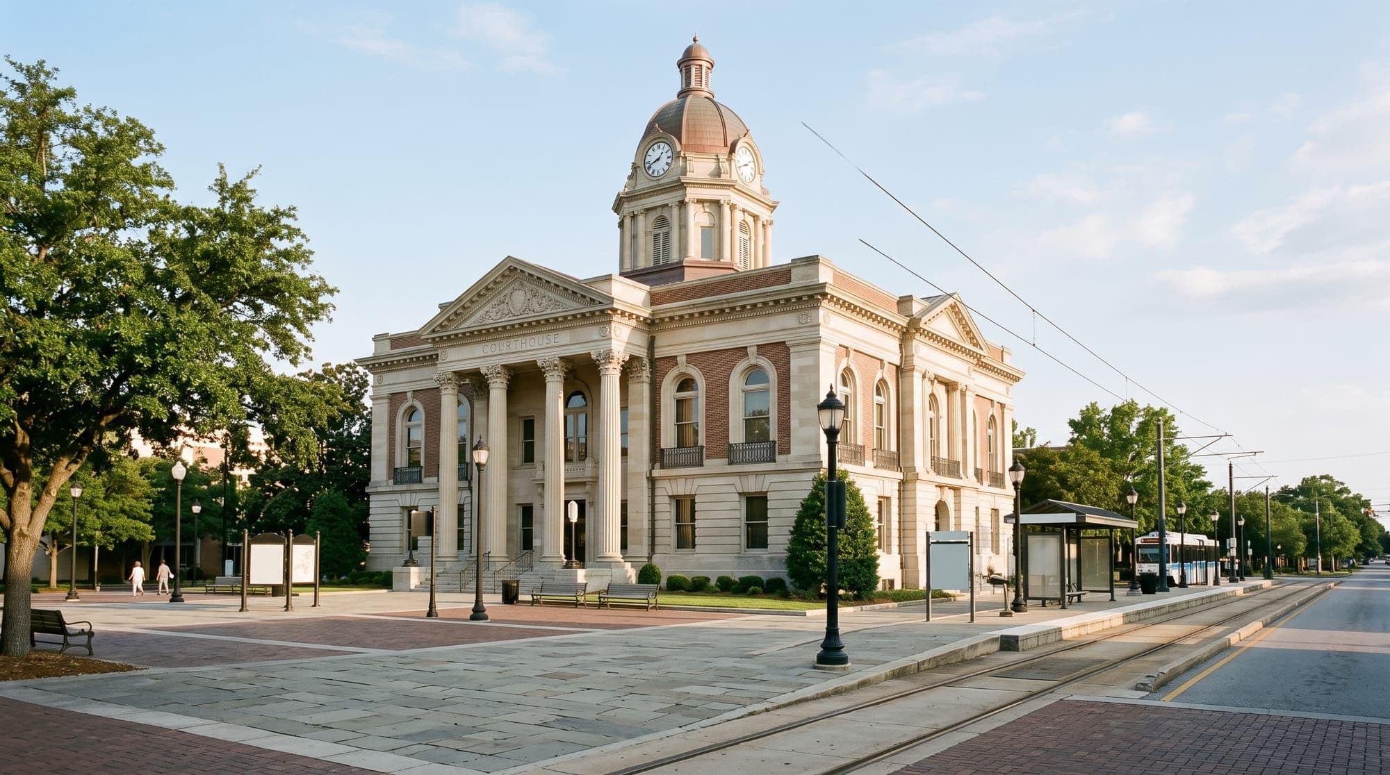 Domed civic courthouse-style building with columns beside a transit plaza
