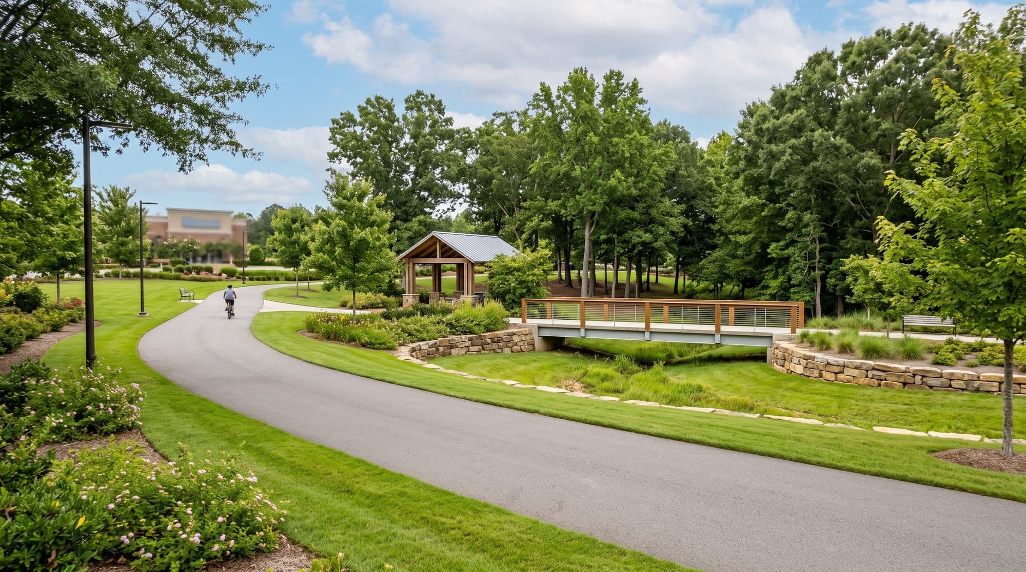 Landscaped walking trail with a modern pedestrian bridge