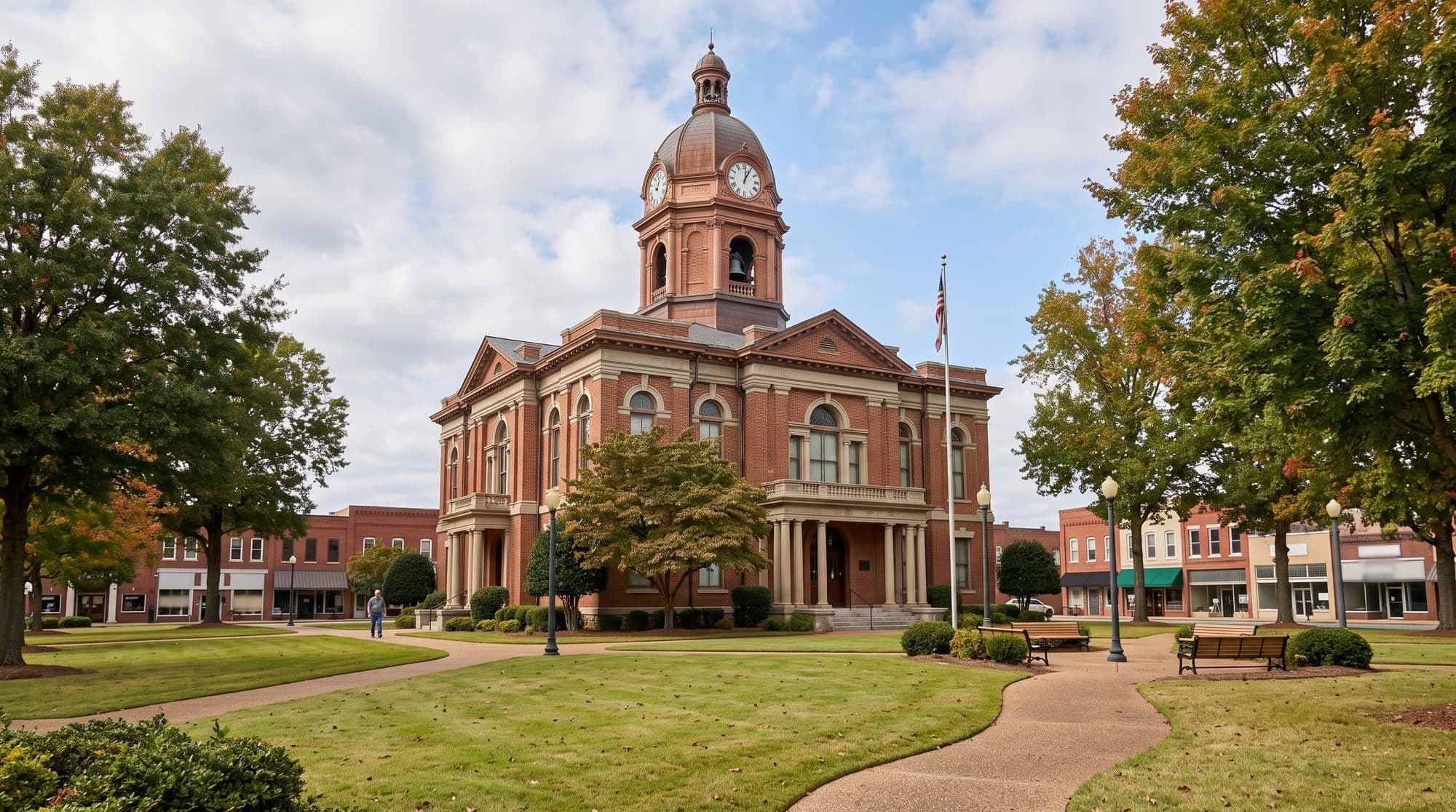 Domed brick courthouse building with a prominent clocktower