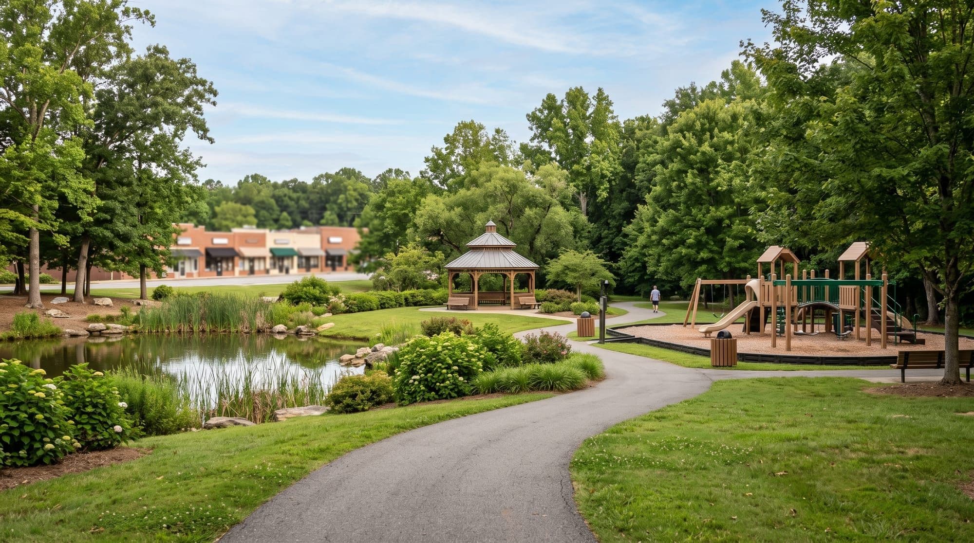 Park pond and playground with a distant row of Main Street shops
