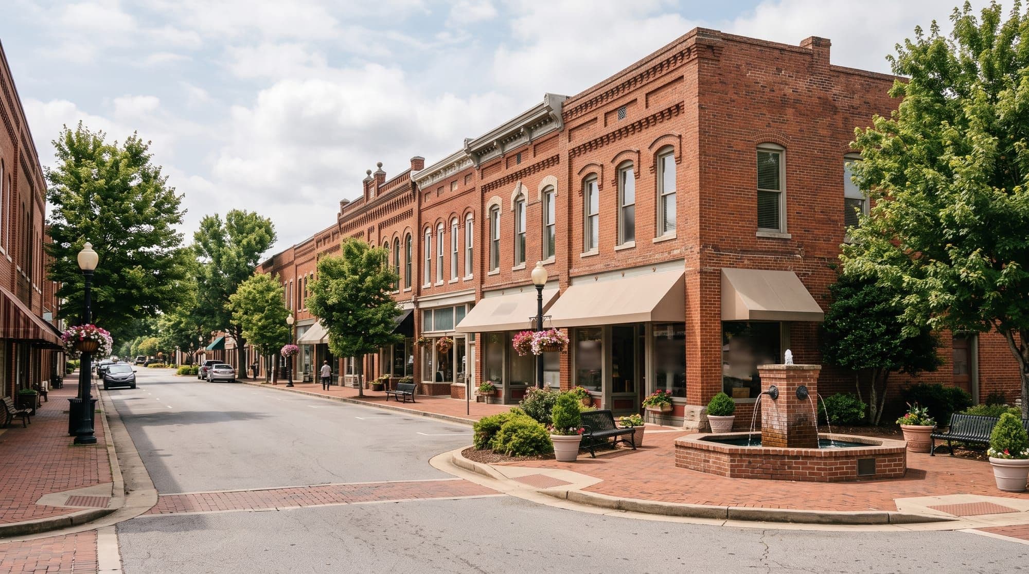 Historic brick Main Street storefronts with a small fountain plaza