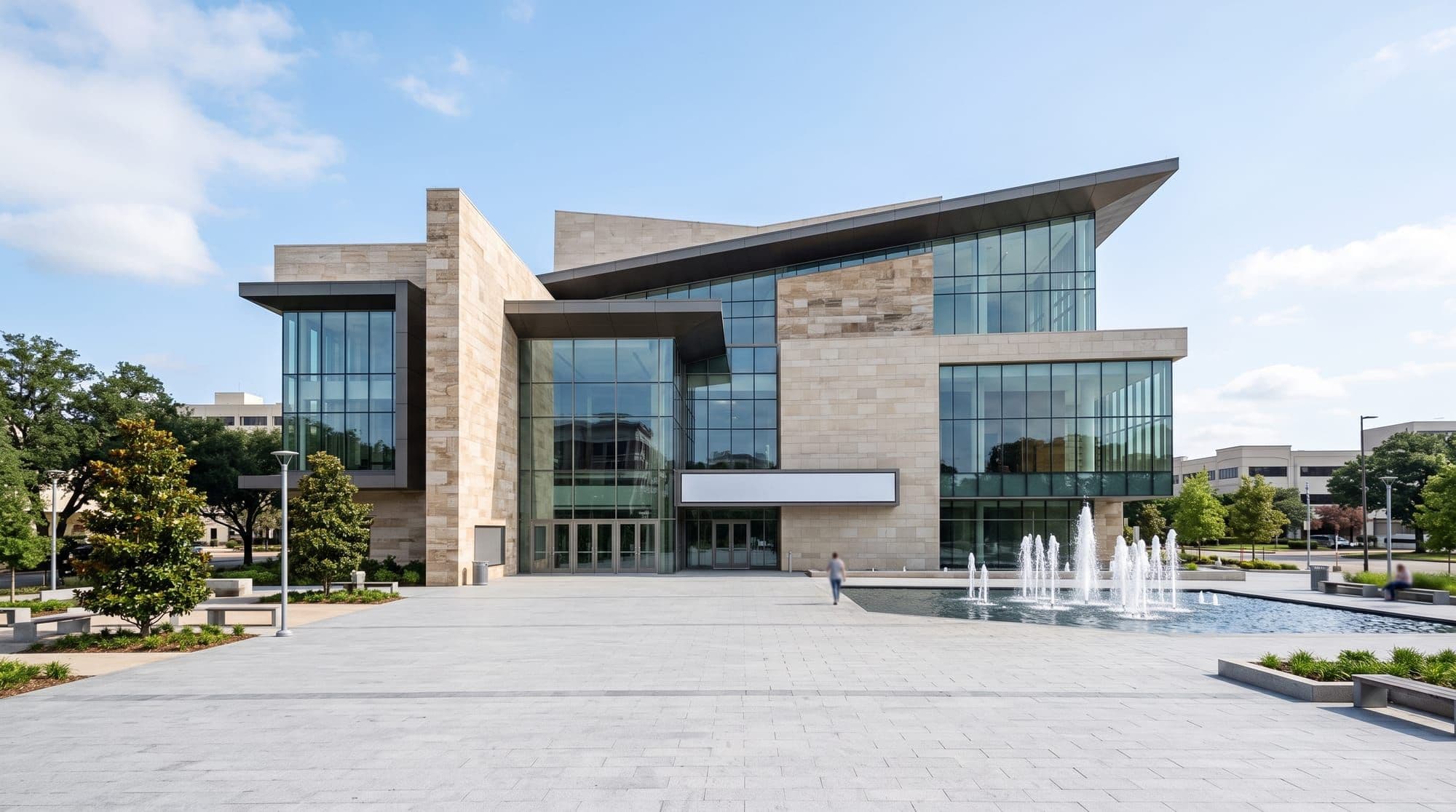 Modern civic building with bold architecture and a plaza fountain