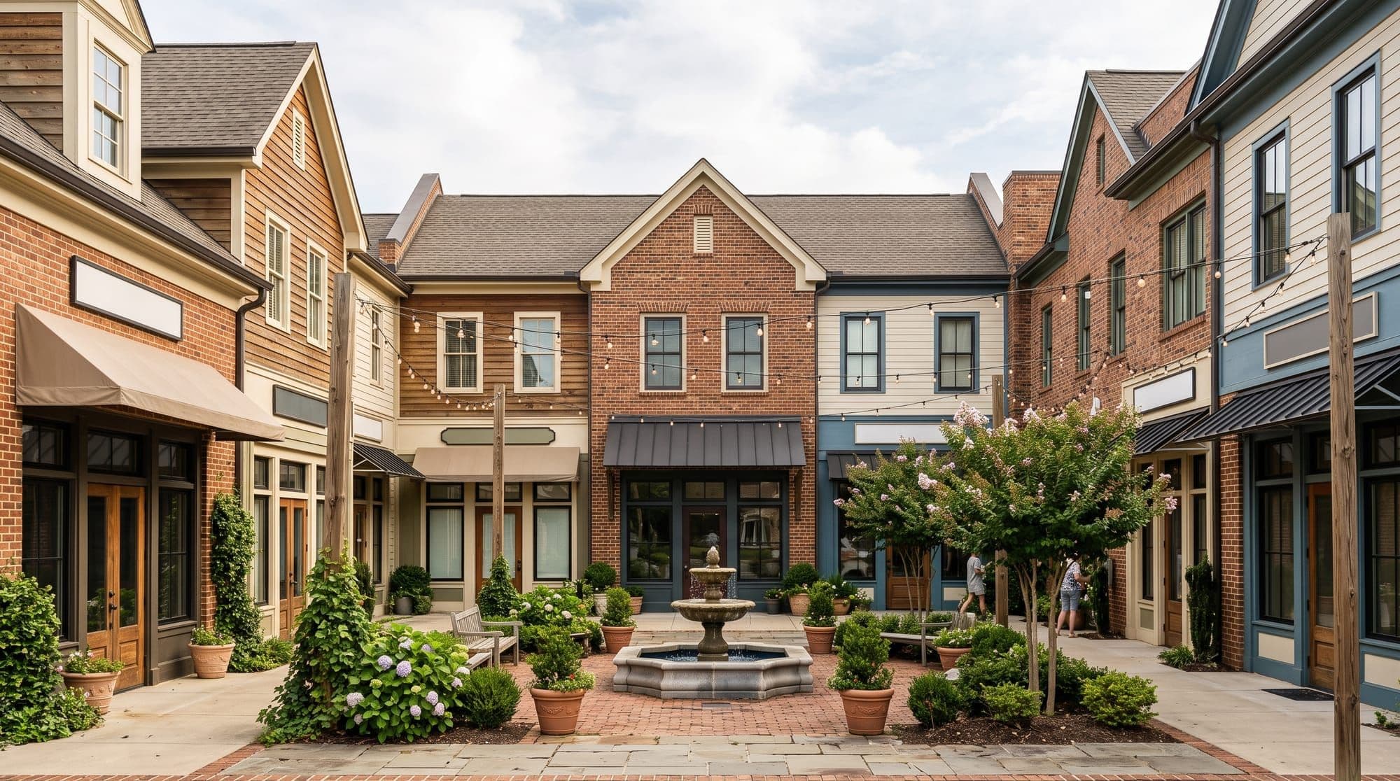 Market-style retail buildings around a small fountain courtyard