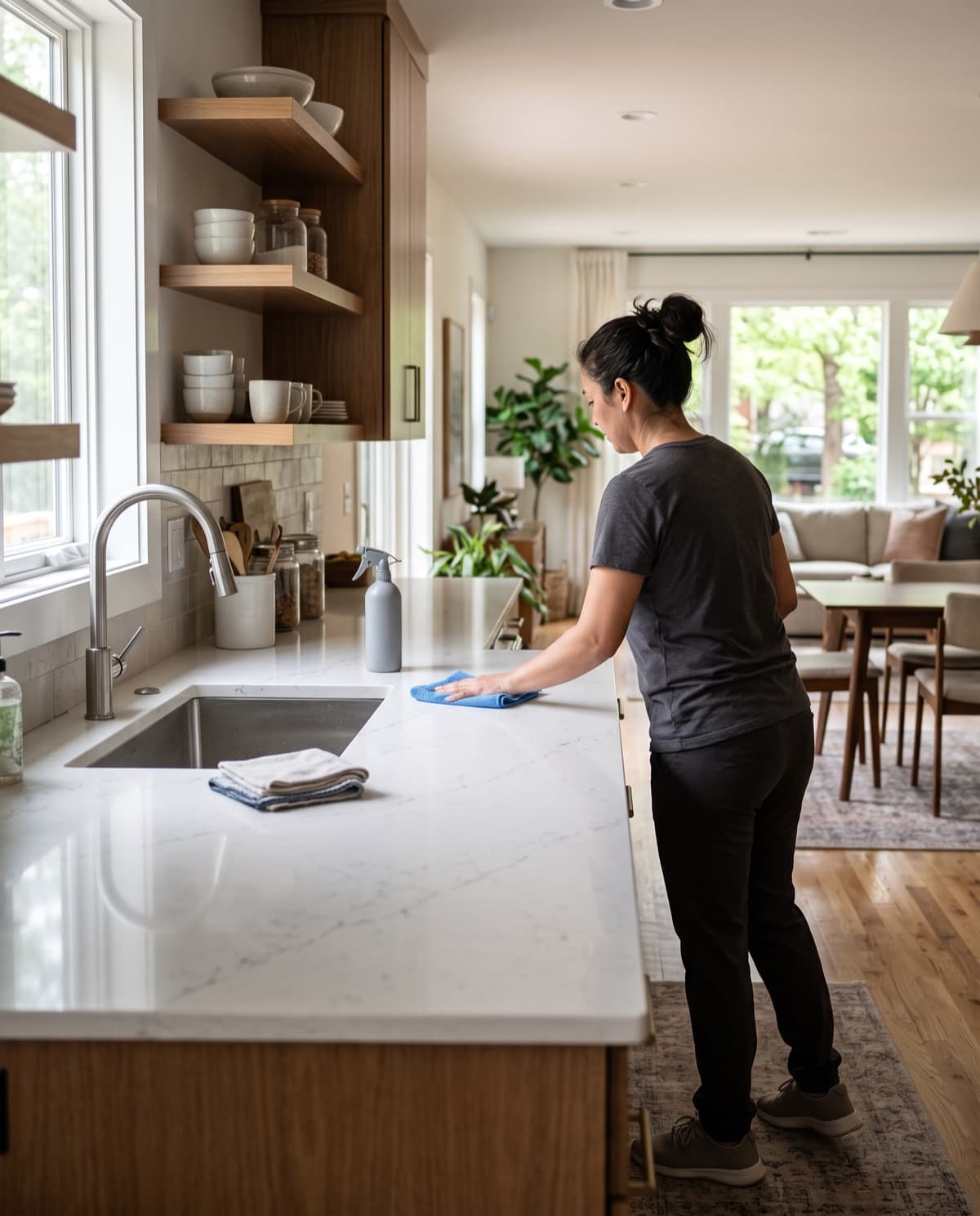 A professional cleaner wiping down a kitchen island in a bright, tidy modern home