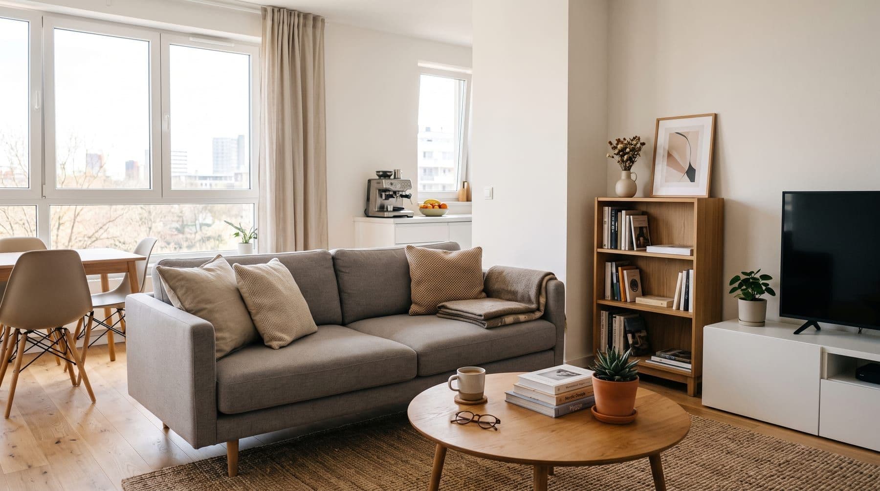 Bright apartment living space with a city skyline visible through the window