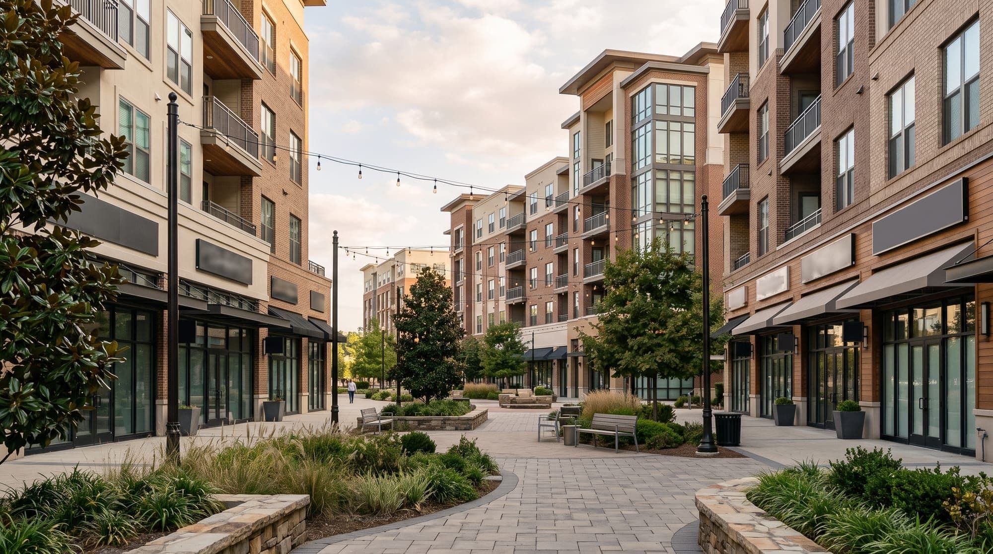 Tall mixed-use buildings with ground-floor retail around a landscaped plaza