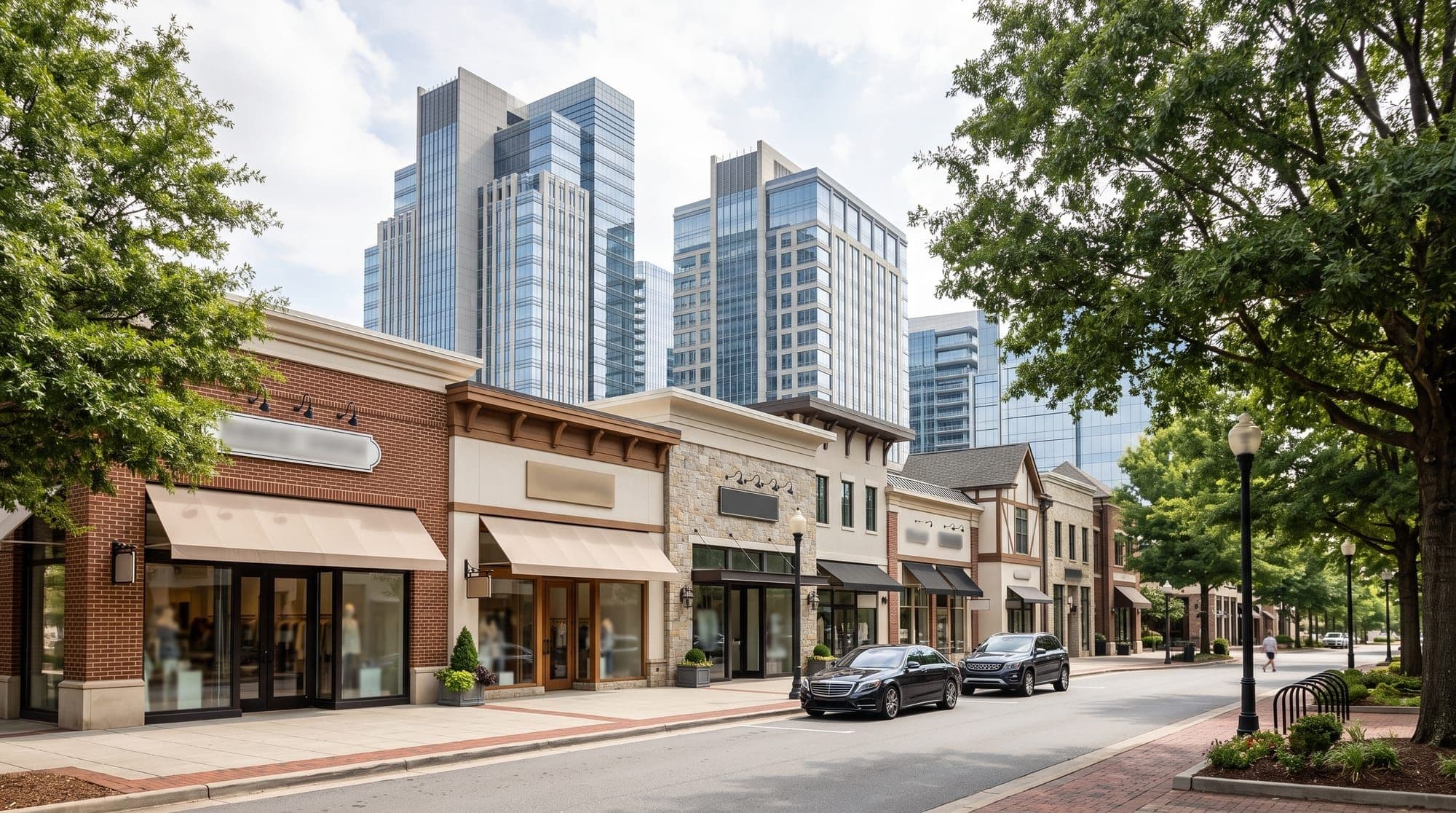 Village storefronts with modern office towers rising behind