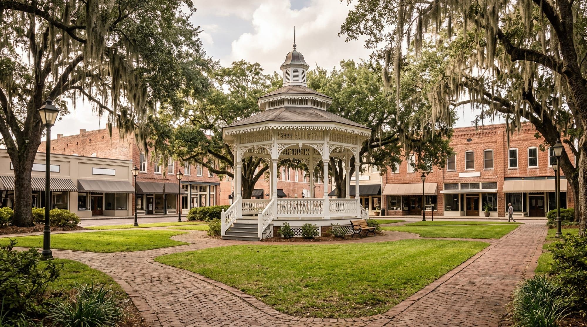 Ornate white bandstand gazebo on a historic town square