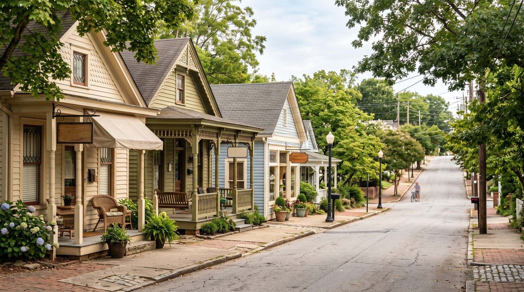 Victorian-era cottages converted into shops along a tree-lined street