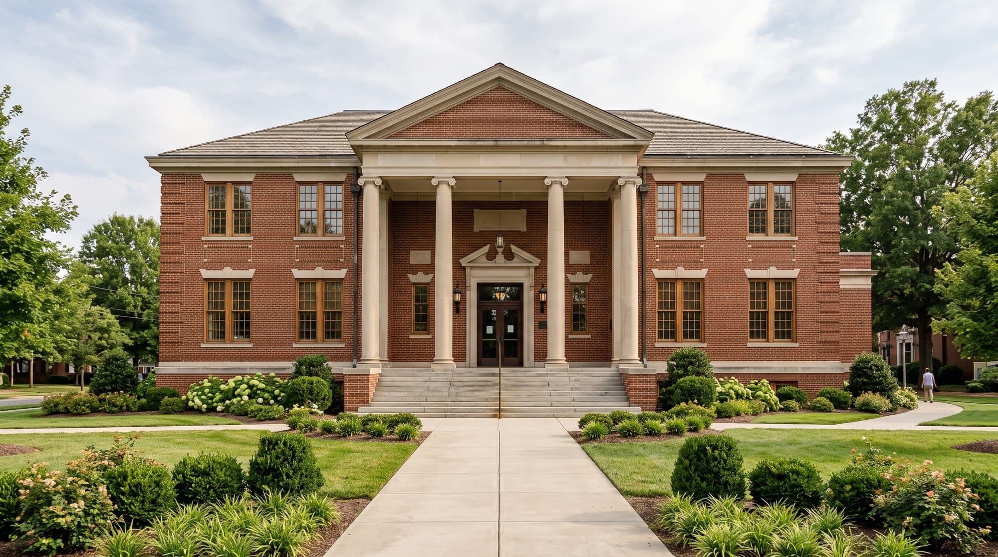 Classical brick civic building with columned entrance and landscaped walkway