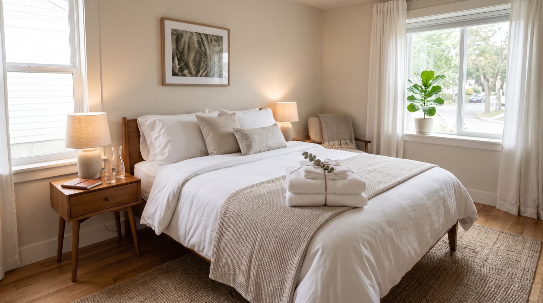 Guest-ready bedroom staged with fresh linens and neatly folded towels