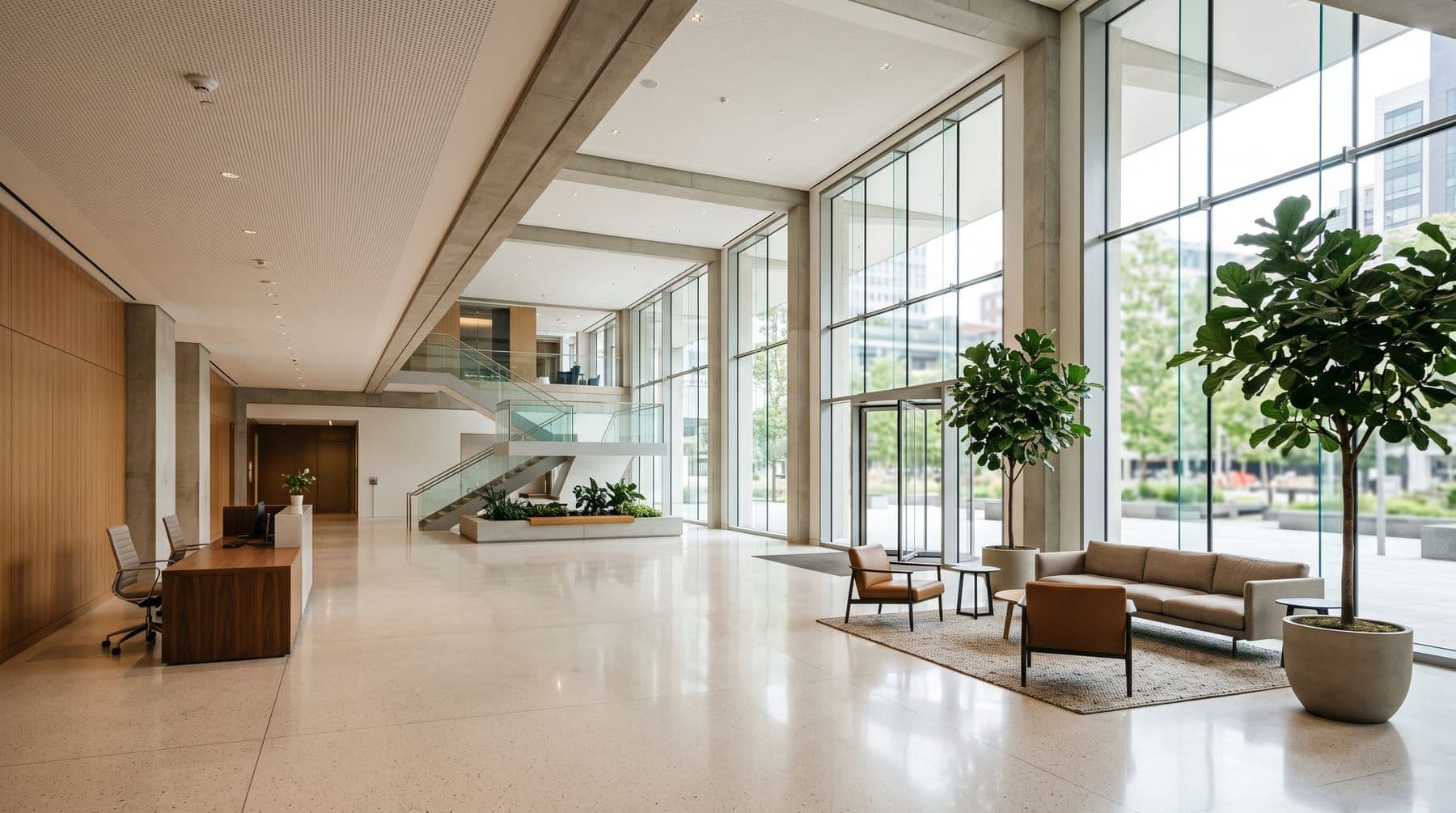 Spacious, well-maintained commercial lobby with polished floors