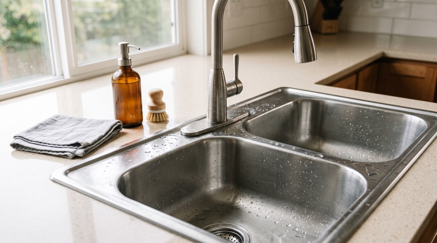 Close-up of a spotless kitchen sink and countertop after a deep clean