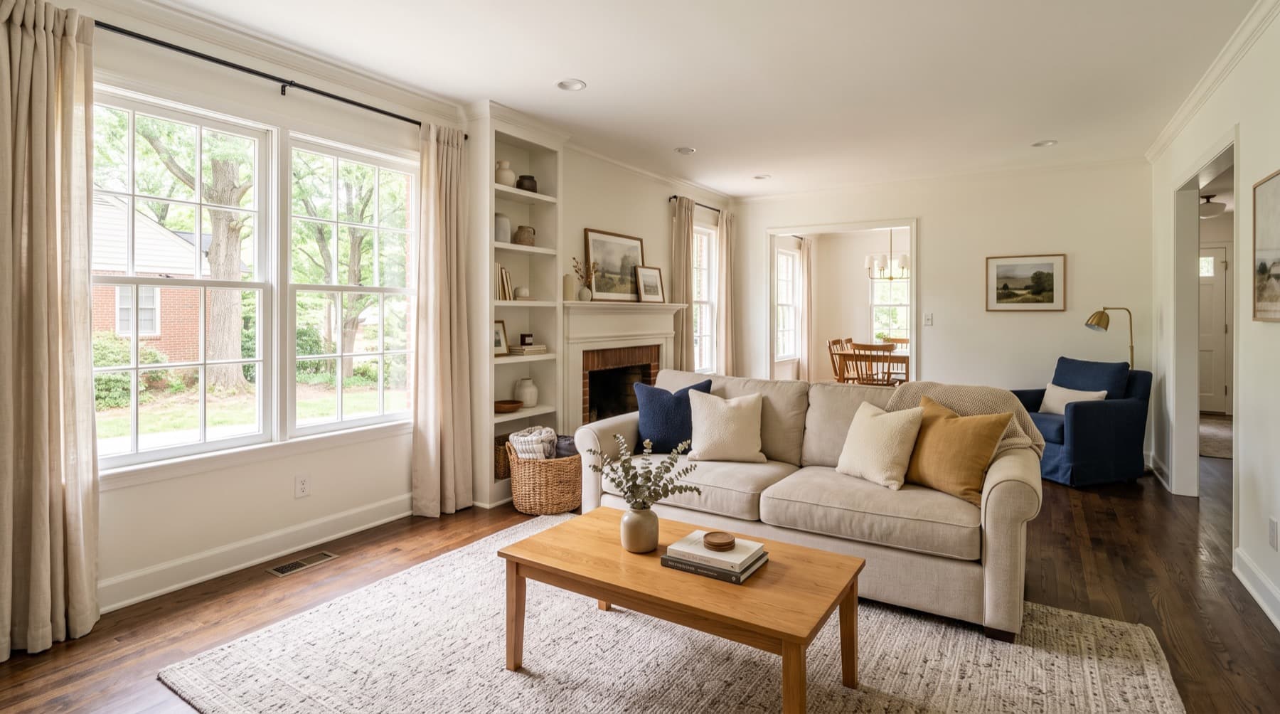 Bright, freshly cleaned living room with tidy furniture and natural daylight
