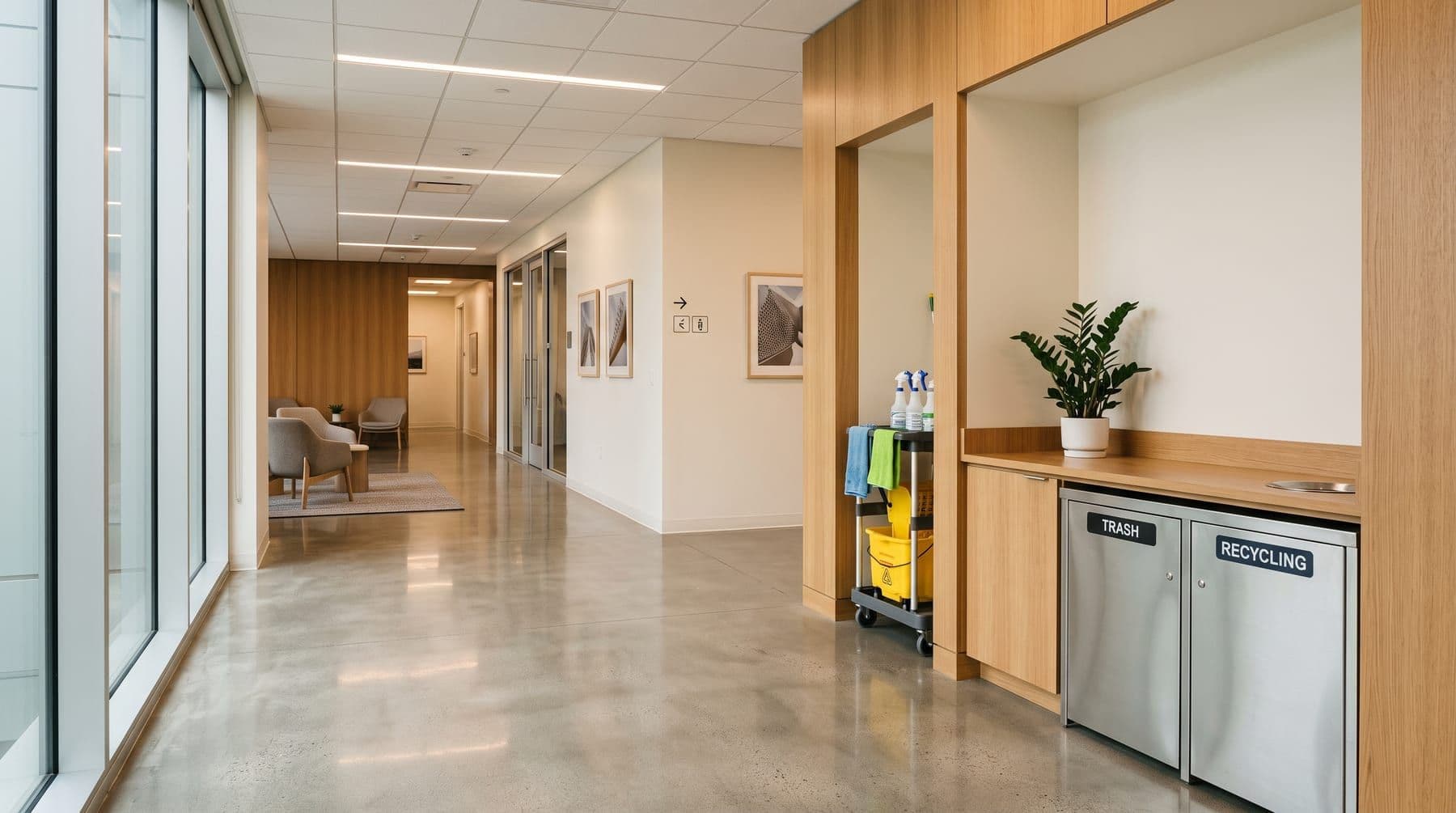 Janitorial cleaning cart with supplies in a polished commercial hallway
