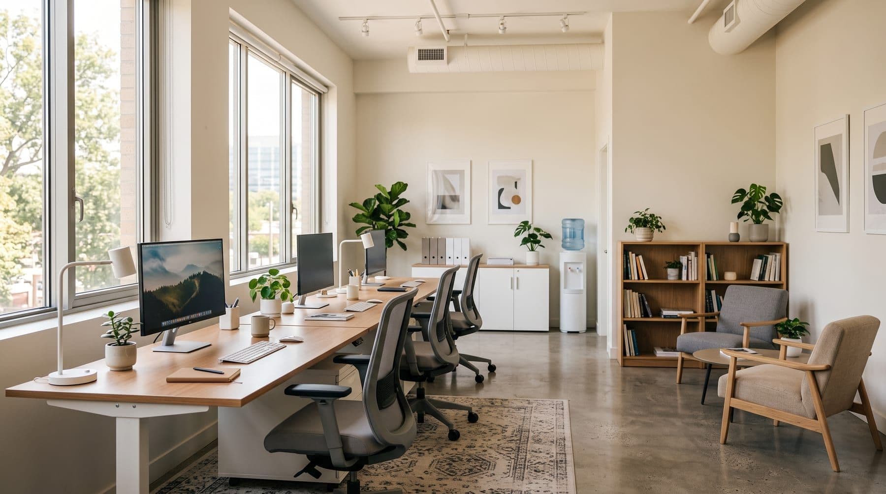 Clean, bright modern office with multiple desks and a lounge area