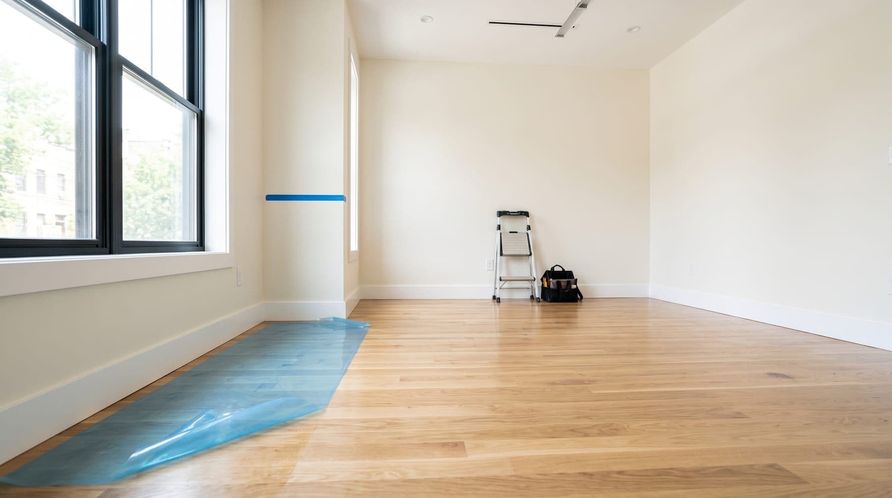 Newly finished room at final clean stage with a stepladder and painter's tape